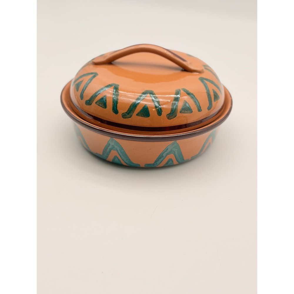 Vintage Hand Painted Terracotta Lidded Dish Southwestern Geometric Pier 1 Italy